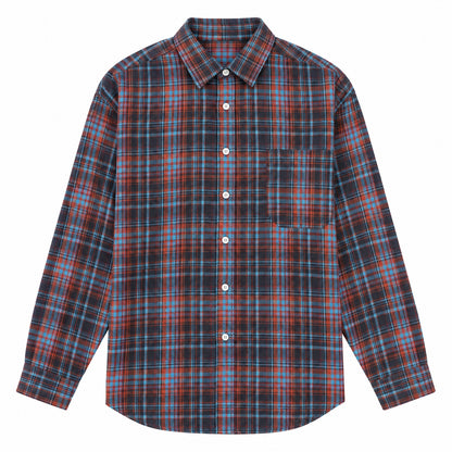 Men’s red and blue plaid loose-fit casual long-sleeve shirt