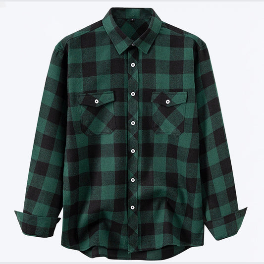 Men’s dark green plaid long-sleeve shirt