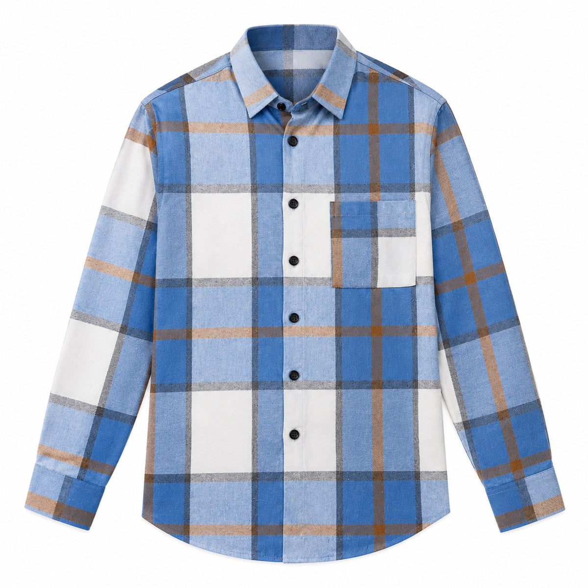 Men's fashionable blue and white checkered long-sleeved shirt