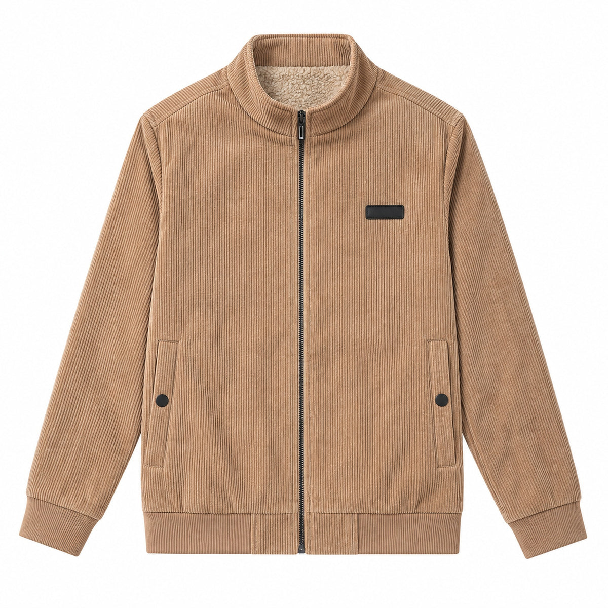 Men's Khaki Stand Collar Loose Casual Jacket (Fleece-lined)