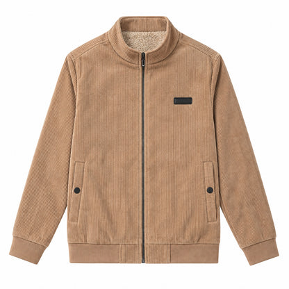 Men's Khaki Stand Collar Loose Casual Jacket (Fleece-lined)