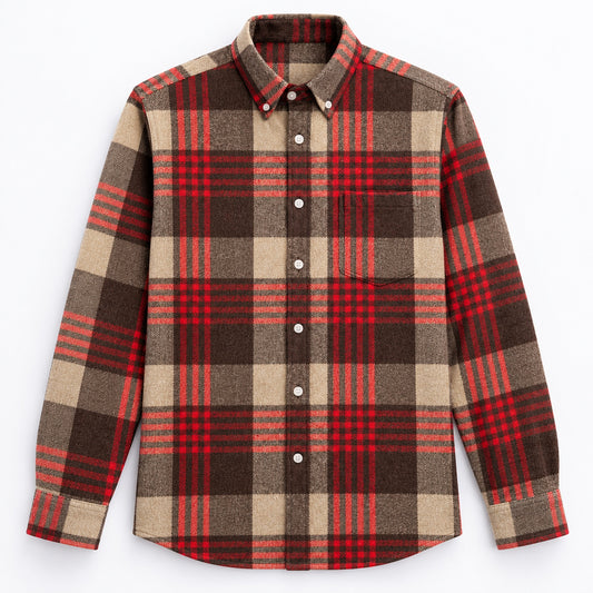 Men's red cotton plaid casual shirt