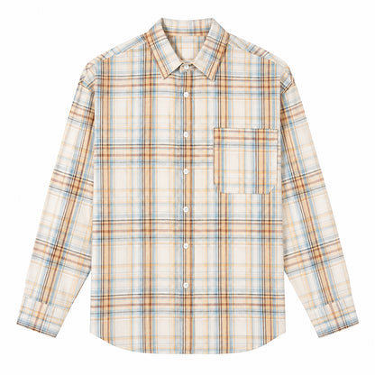 Men's yellow plaid loose casual long-sleeved shirt
