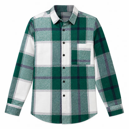 Men's fashionable green and white checkered long-sleeved shirt