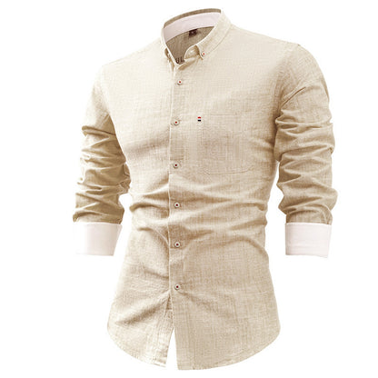 Cotton and linen men's long-sleeved shirt, solid color button-down men's shirt, breathable casual shirt