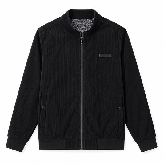 Men's Black Stand Collar Loose Casual Jacket (Fleece-lined)