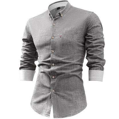 Cotton and linen men's long-sleeved shirt, solid color button-down men's shirt, breathable casual shirt