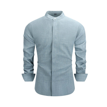 Men's  collar button-down shirt with hidden front opening, cotton-like texture long-sleeved shirt, loose and casual men's clothing wholesale