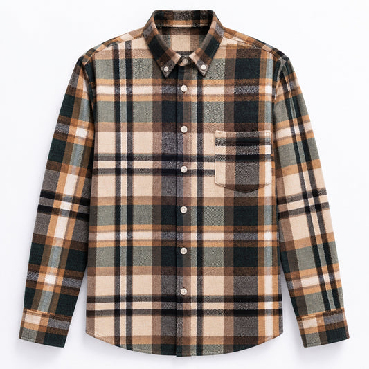 Men’s khaki cotton plaid casual shirt