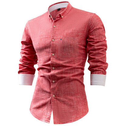 Cotton and linen men's long-sleeved shirt, solid color button-down men's shirt, breathable casual shirt