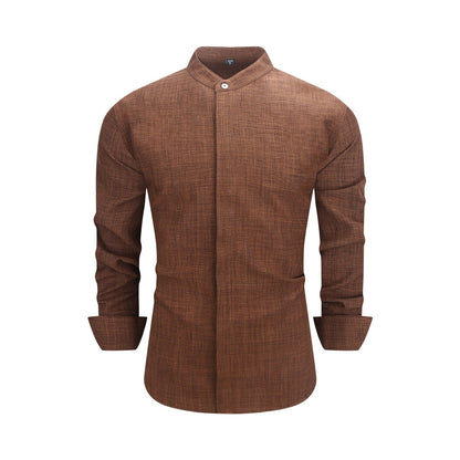 Men's  collar button-down shirt with hidden front opening, cotton-like texture long-sleeved shirt, loose and casual men's clothing wholesale