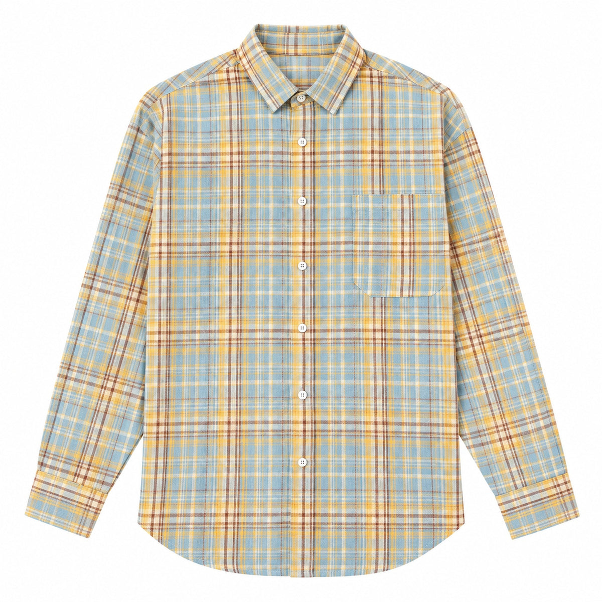 Men's light blue and yellow-brown plaid loose casual long-sleeved shirt