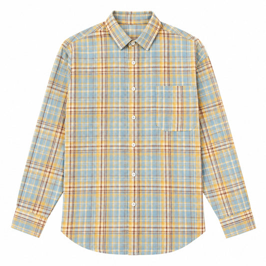 Men's light blue and yellow-brown plaid loose casual long-sleeved shirt