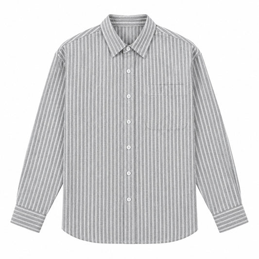 Men's gray and white striped loose casual long-sleeved shirt