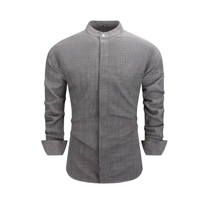 Men's  collar button-down shirt with hidden front opening, cotton-like texture long-sleeved shirt, loose and casual men's clothing wholesale