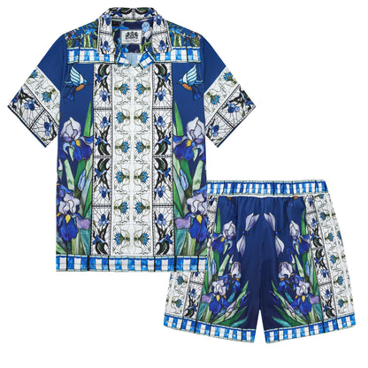 Blue Irises Floral Pattern Camp Collar Casual Shirt for Men