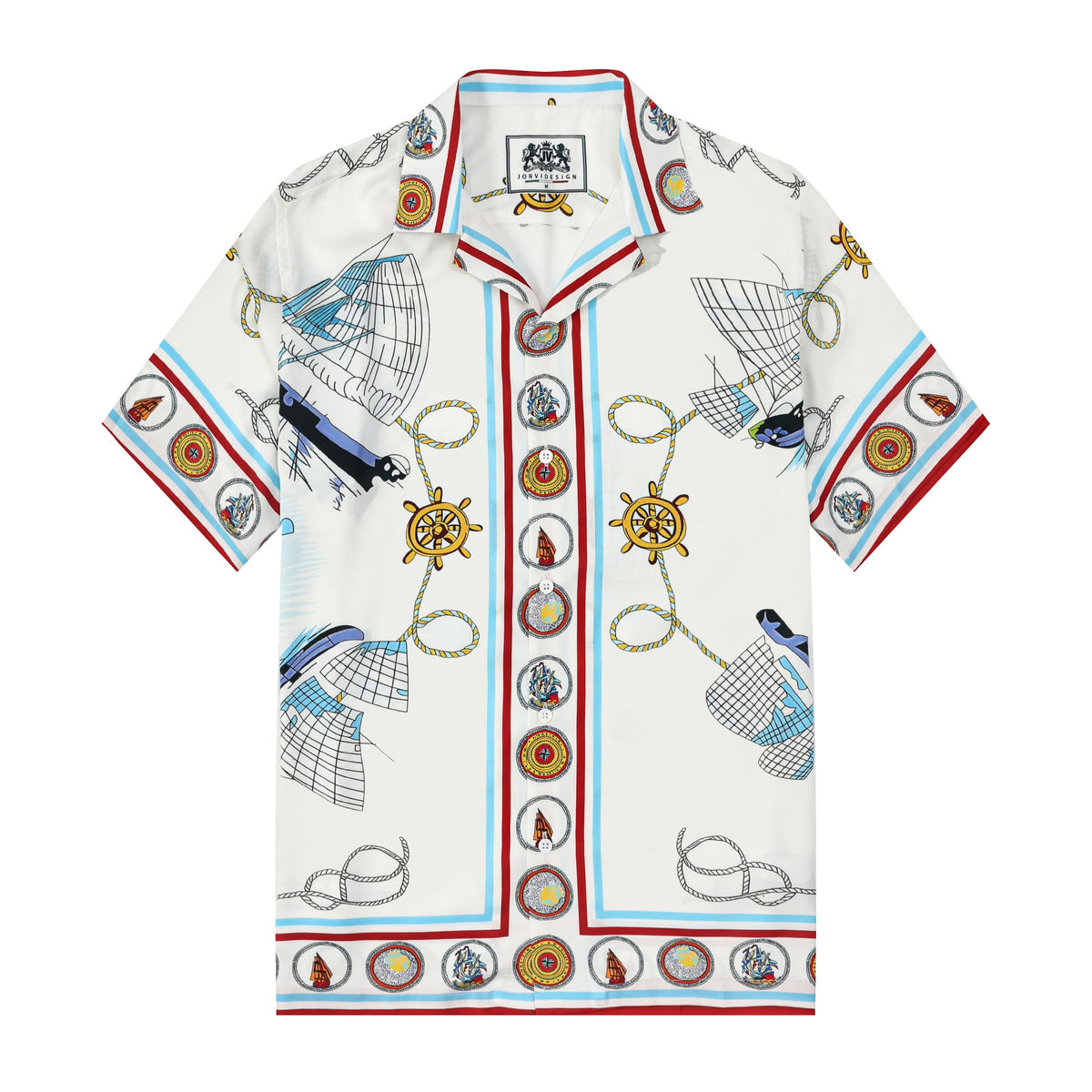 Sailing Boat Pattern Short Sleeve Camp Collar Shirt