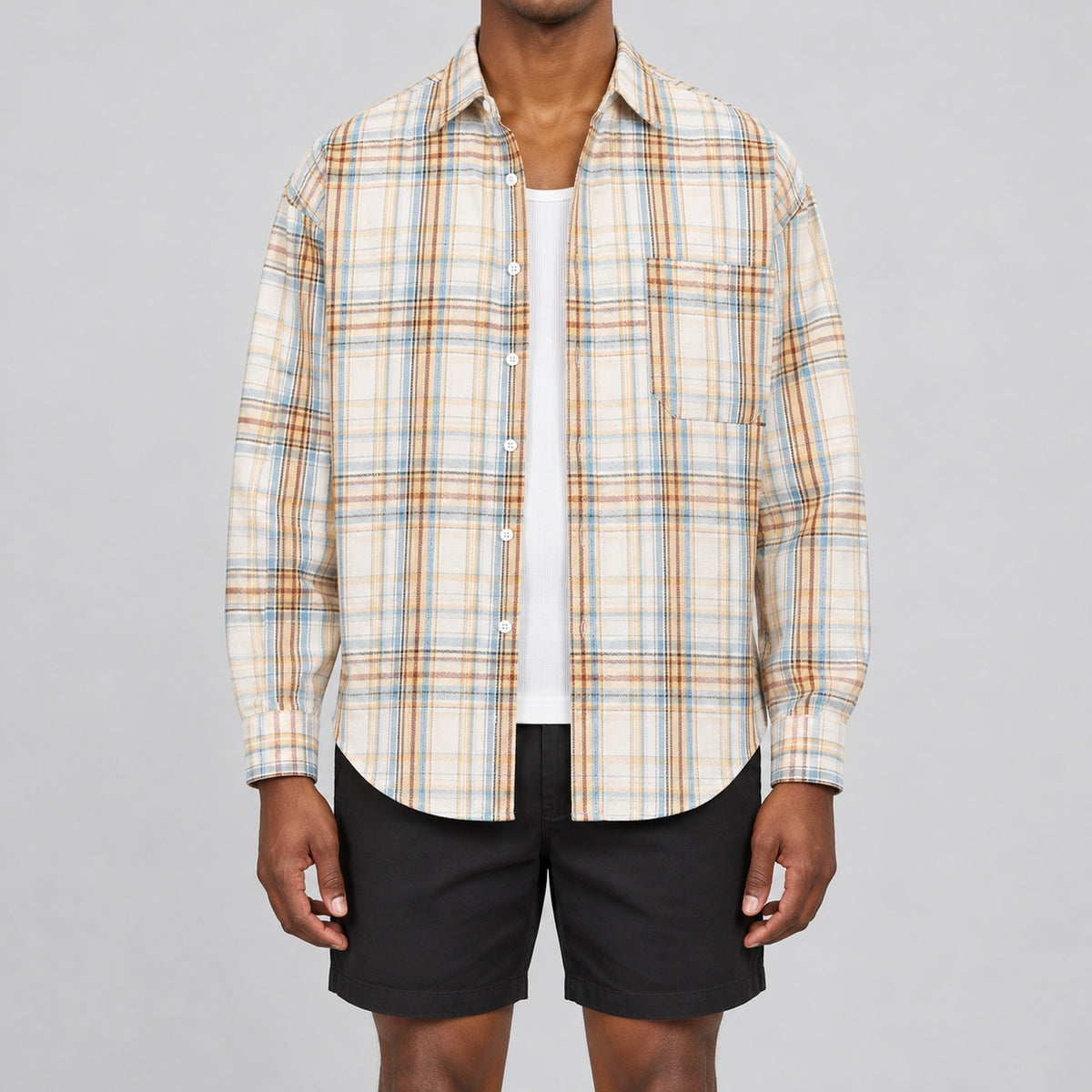 Men's yellow plaid loose casual long-sleeved shirt