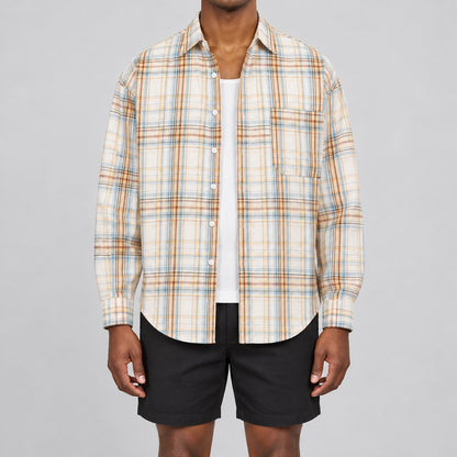 Men's yellow plaid loose casual long-sleeved shirt