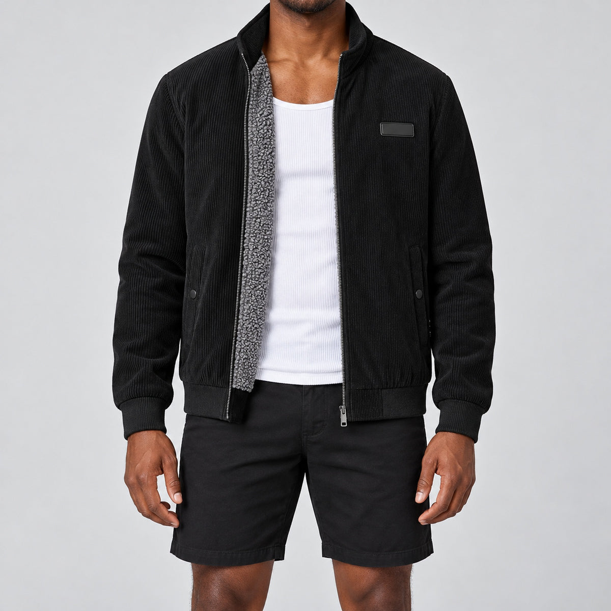 Men's Black Stand Collar Loose Casual Jacket (Fleece-lined)