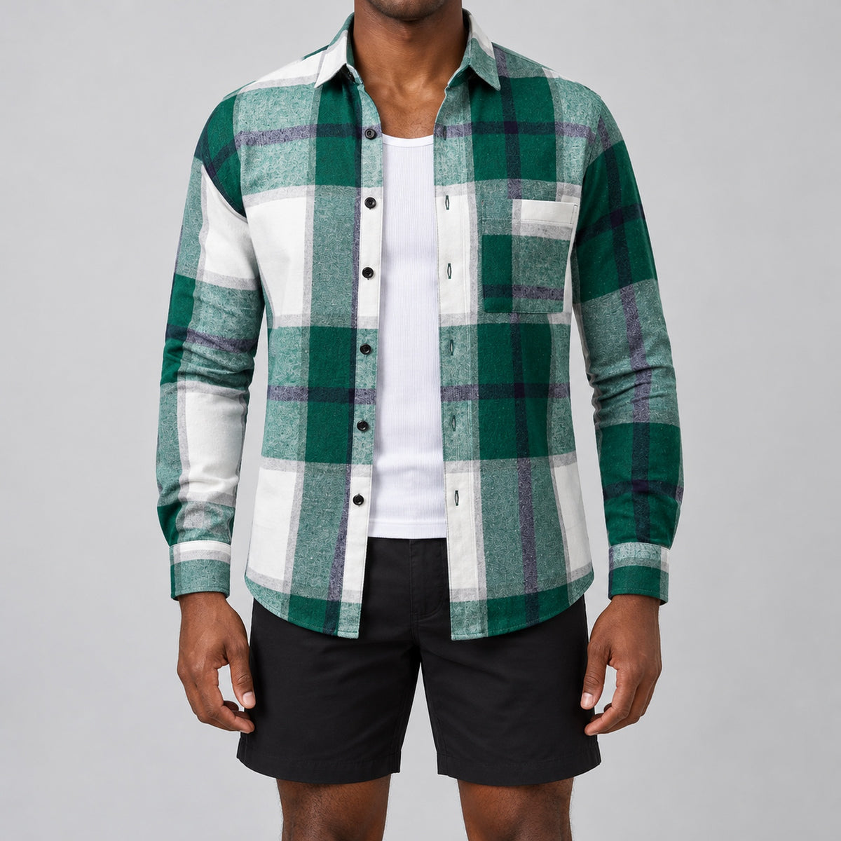 Men's fashionable green and white checkered long-sleeved shirt