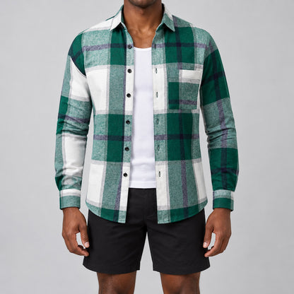 Men's fashionable green and white checkered long-sleeved shirt