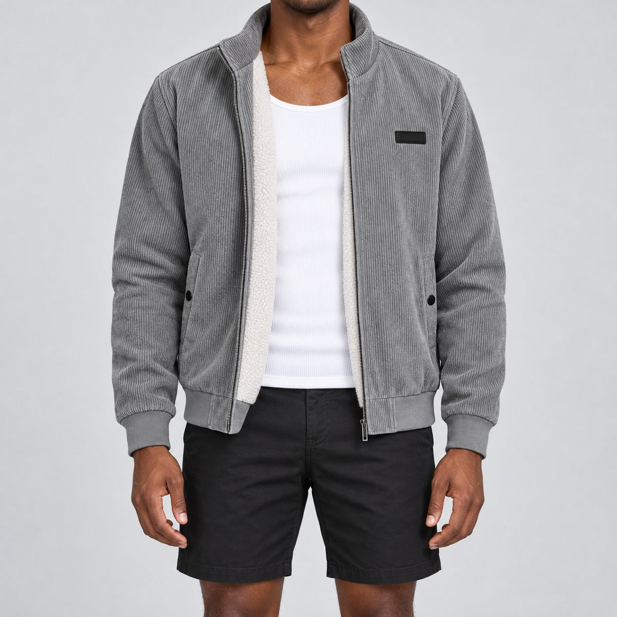 Men's Grey Stand Collar Loose Casual Jacket（Fleece-lined）