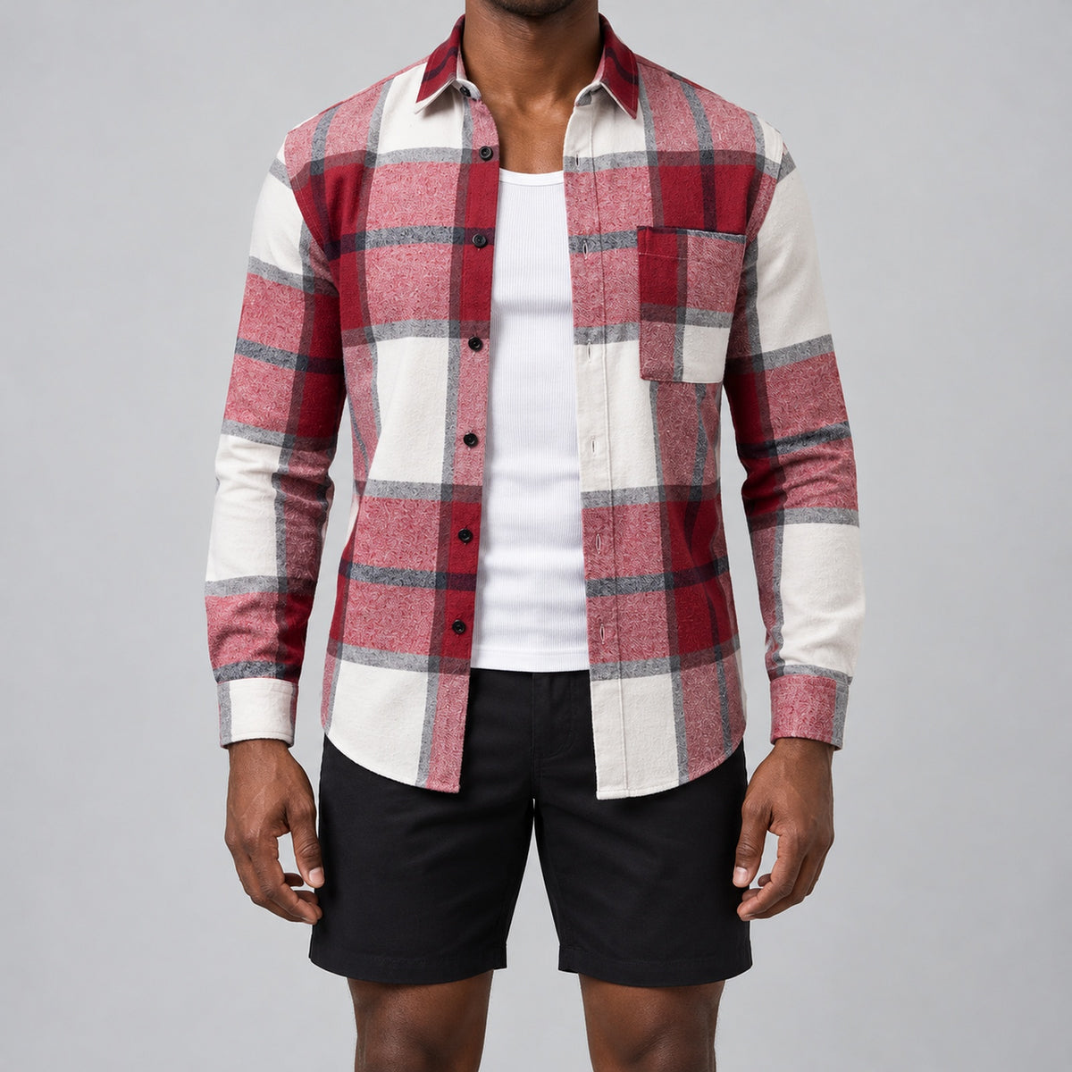 Men's fashionable red and white checkered long-sleeved shirt