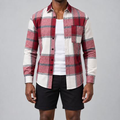 Men's fashionable red and white checkered long-sleeved shirt