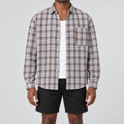 Men's Brown  Checkered Loose Casual Long-Sleeved Shirt