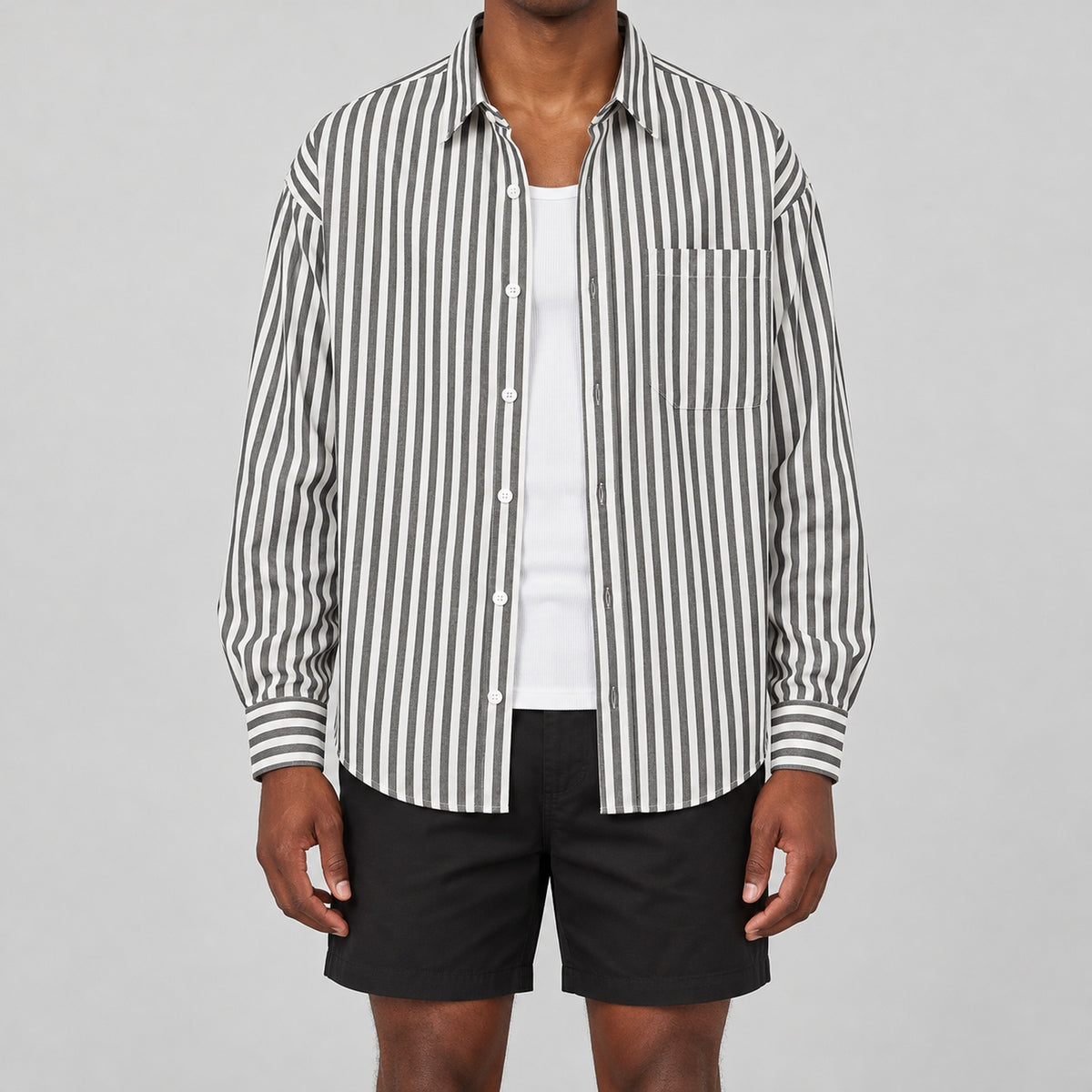 Men's black and white striped loose casual long-sleeved shirt