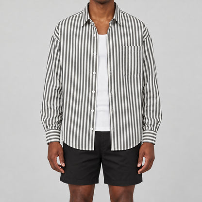 Men's black and white striped loose casual long-sleeved shirt