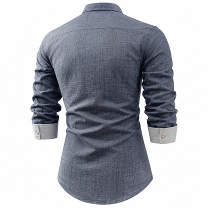 Cotton and linen men's long-sleeved shirt, solid color button-down men's shirt, breathable casual shirt