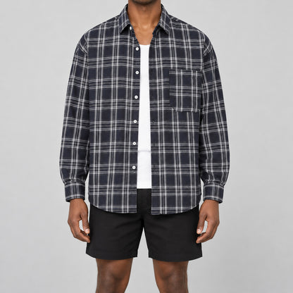 Men's light black plaid loose casual long-sleeved shirt