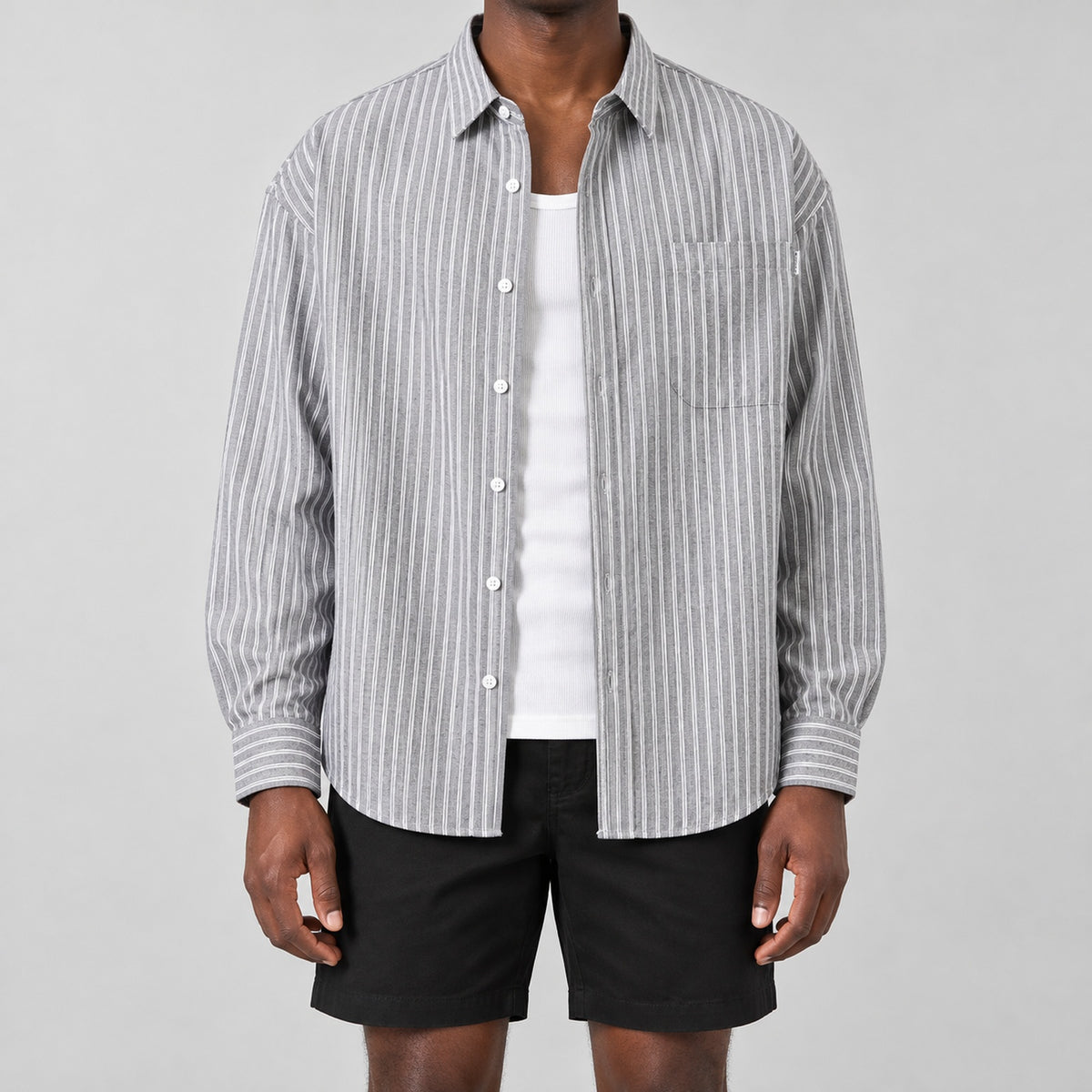 Men's gray and white striped loose casual long-sleeved shirt