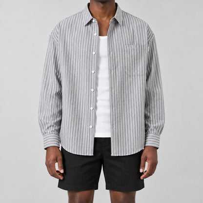 Men's gray and white striped loose casual long-sleeved shirt