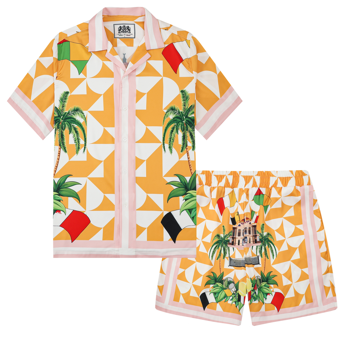 Retro Palace Tennis Coconut Tree Silk Fiber Short Sleeve Camp Collar Shirt