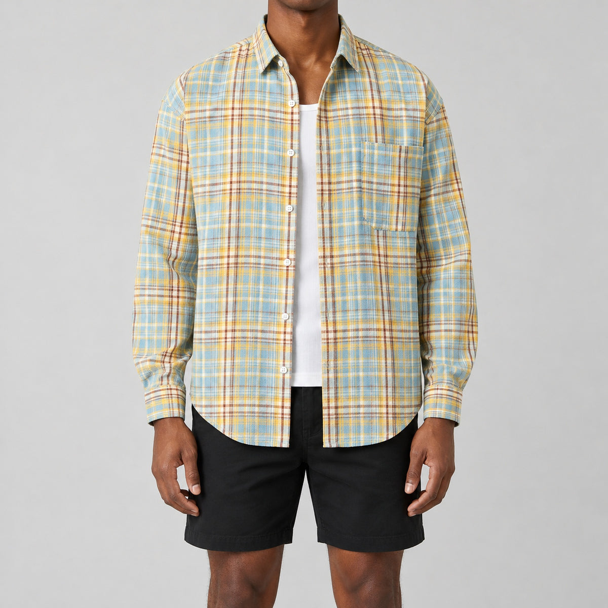 Men's light blue and yellow-brown plaid loose casual long-sleeved shirt