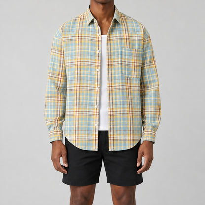 Men's light blue and yellow-brown plaid loose casual long-sleeved shirt