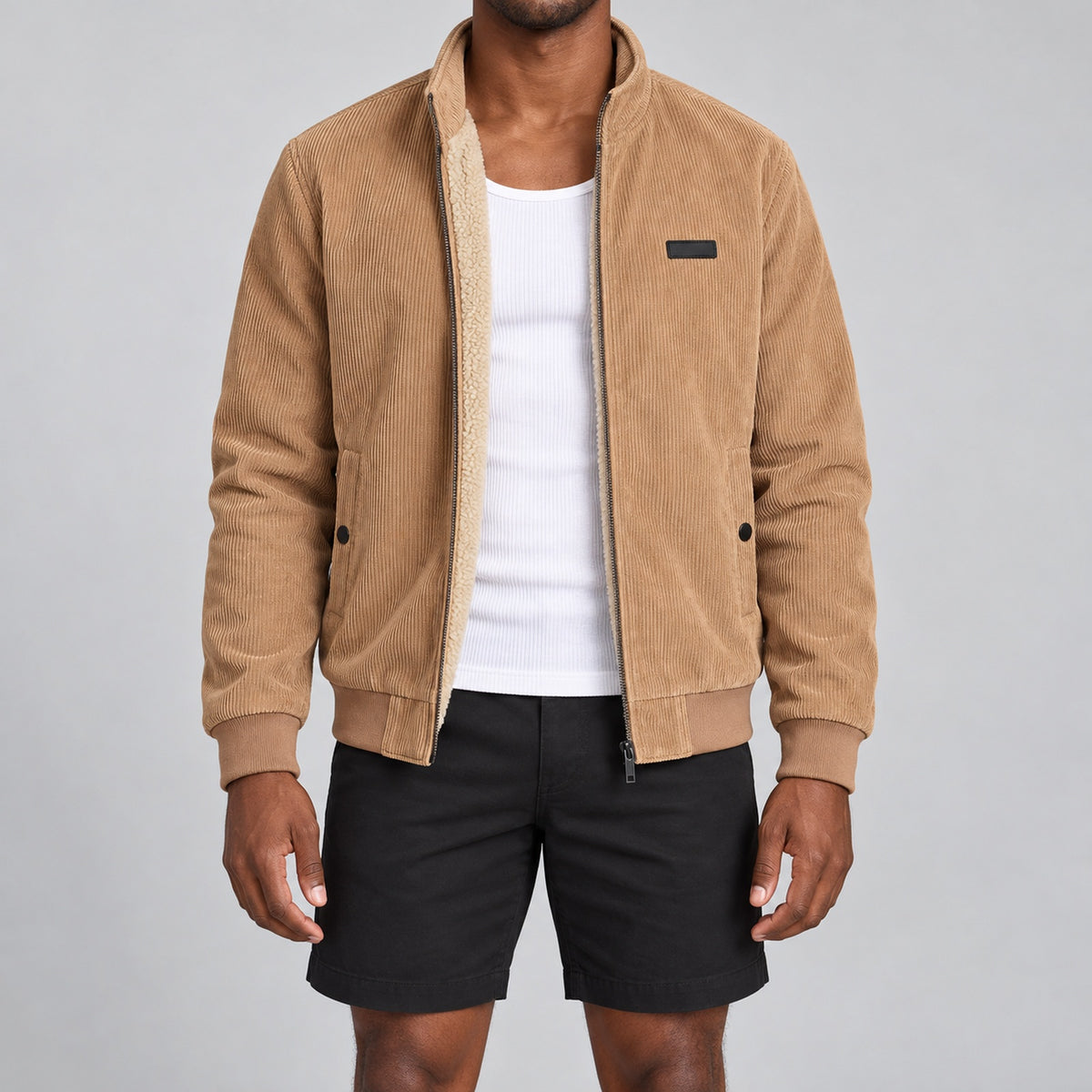 Men's Khaki Stand Collar Loose Casual Jacket (Fleece-lined)