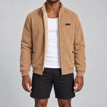 Men's Khaki Stand Collar Loose Casual Jacket (Fleece-lined)