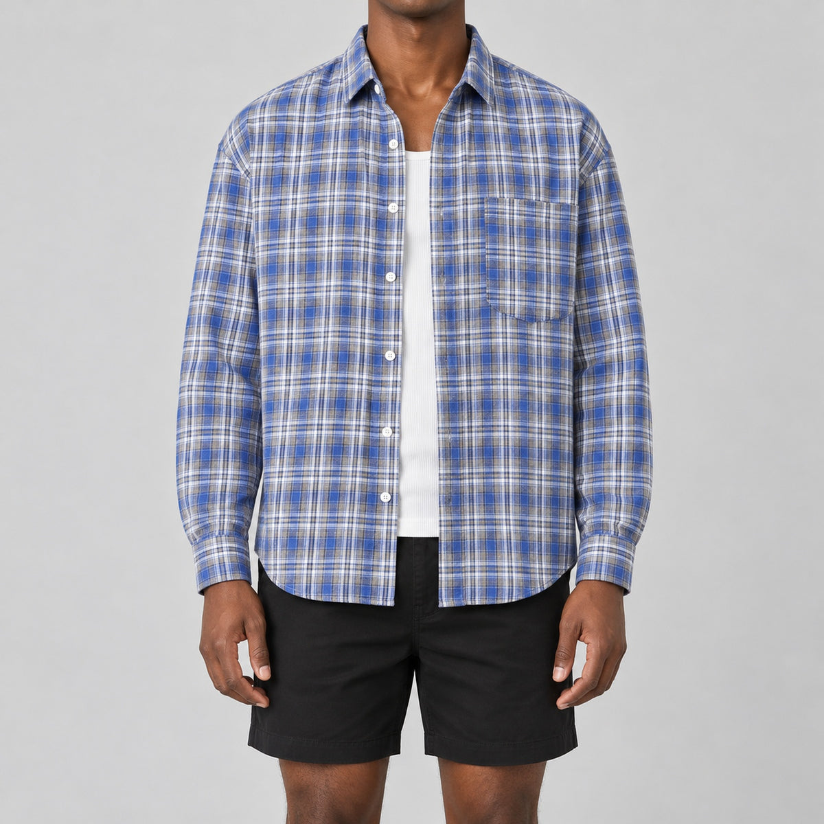 Men's Blue Plaid Loose Casual Long-Sleeved Shirt