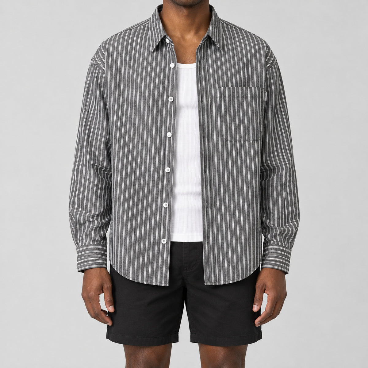 Men's Black Striped Loose Casual Long-Sleeved Shirt