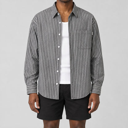 Men's Black Striped Loose Casual Long-Sleeved Shirt
