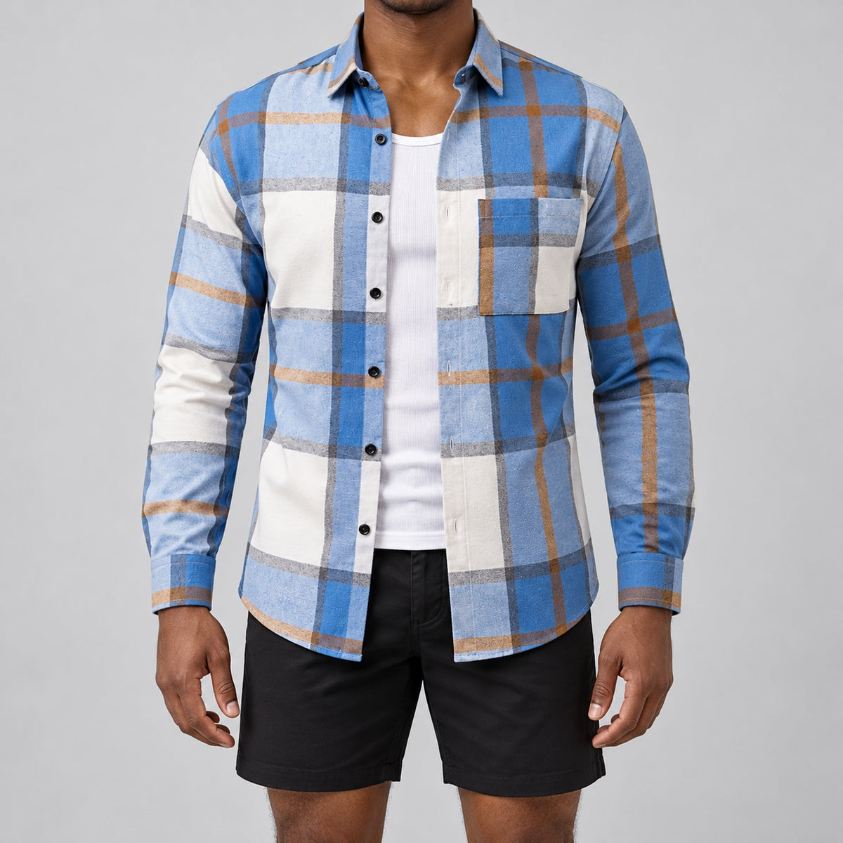 Men's fashionable blue and white checkered long-sleeved shirt