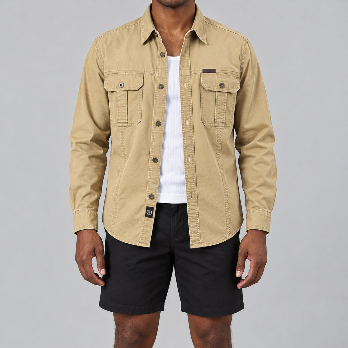 Men's Khaki Cotton Long-Sleeved Jacket