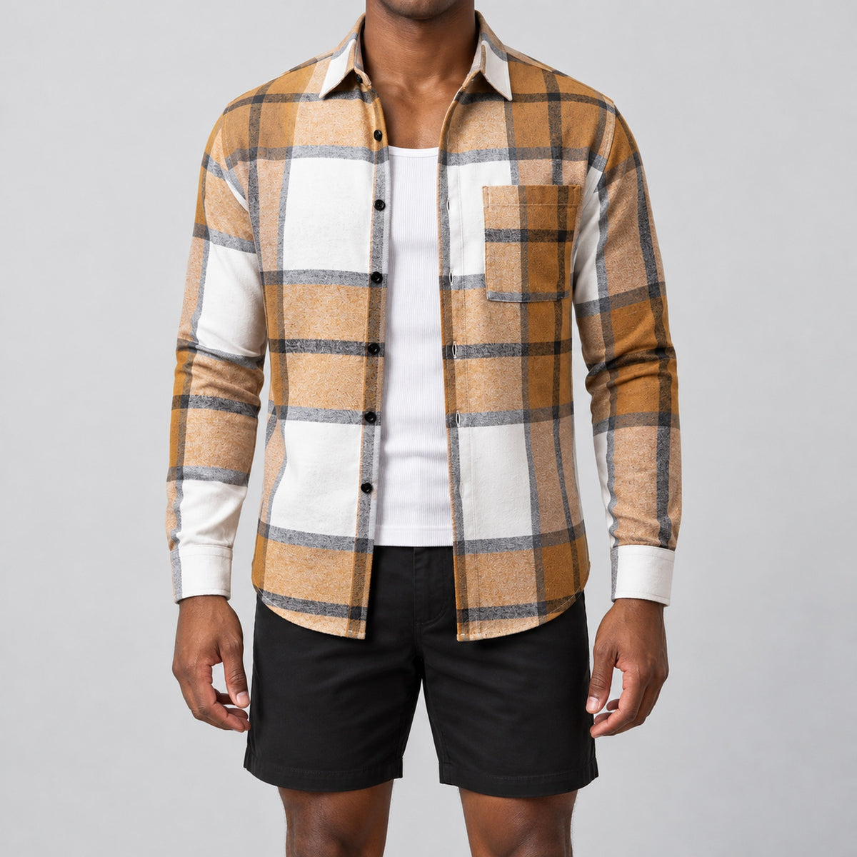 Men's fashionable yellow and white checkered long-sleeved shirt