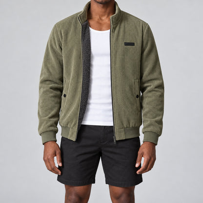 Men's Light Green Stand Collar Loose Casual Jacket (Fleece-lined)
