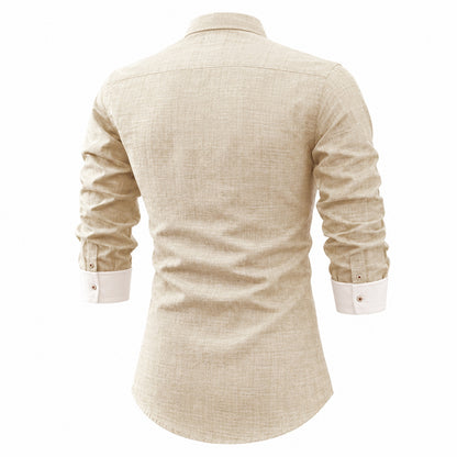 Cotton and linen men's long-sleeved shirt, solid color button-down men's shirt, breathable casual shirt
