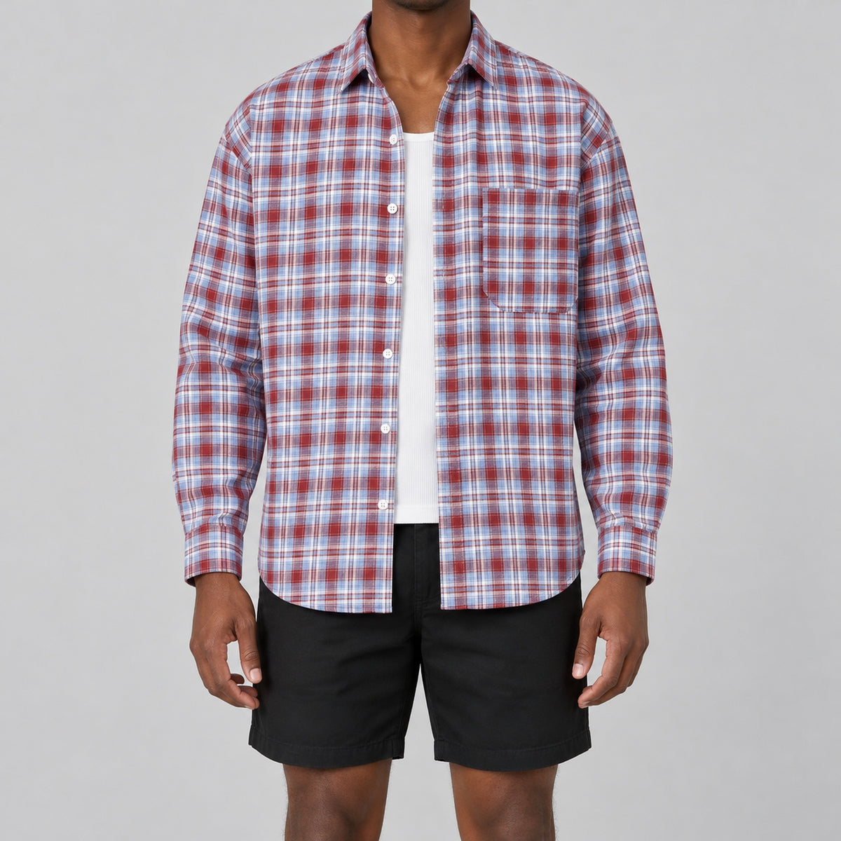 Men's red  plaid loose casual long-sleeved shirt